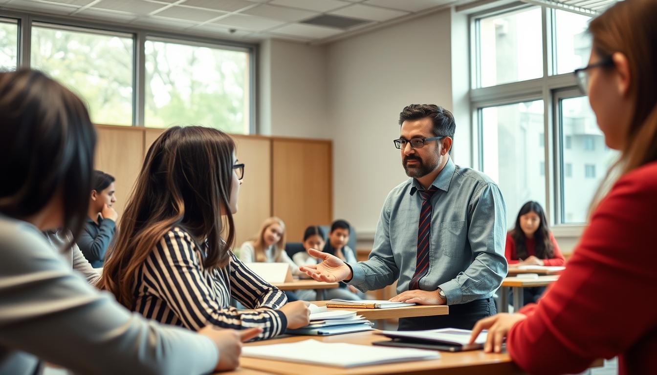 Students studying together in modern classroom